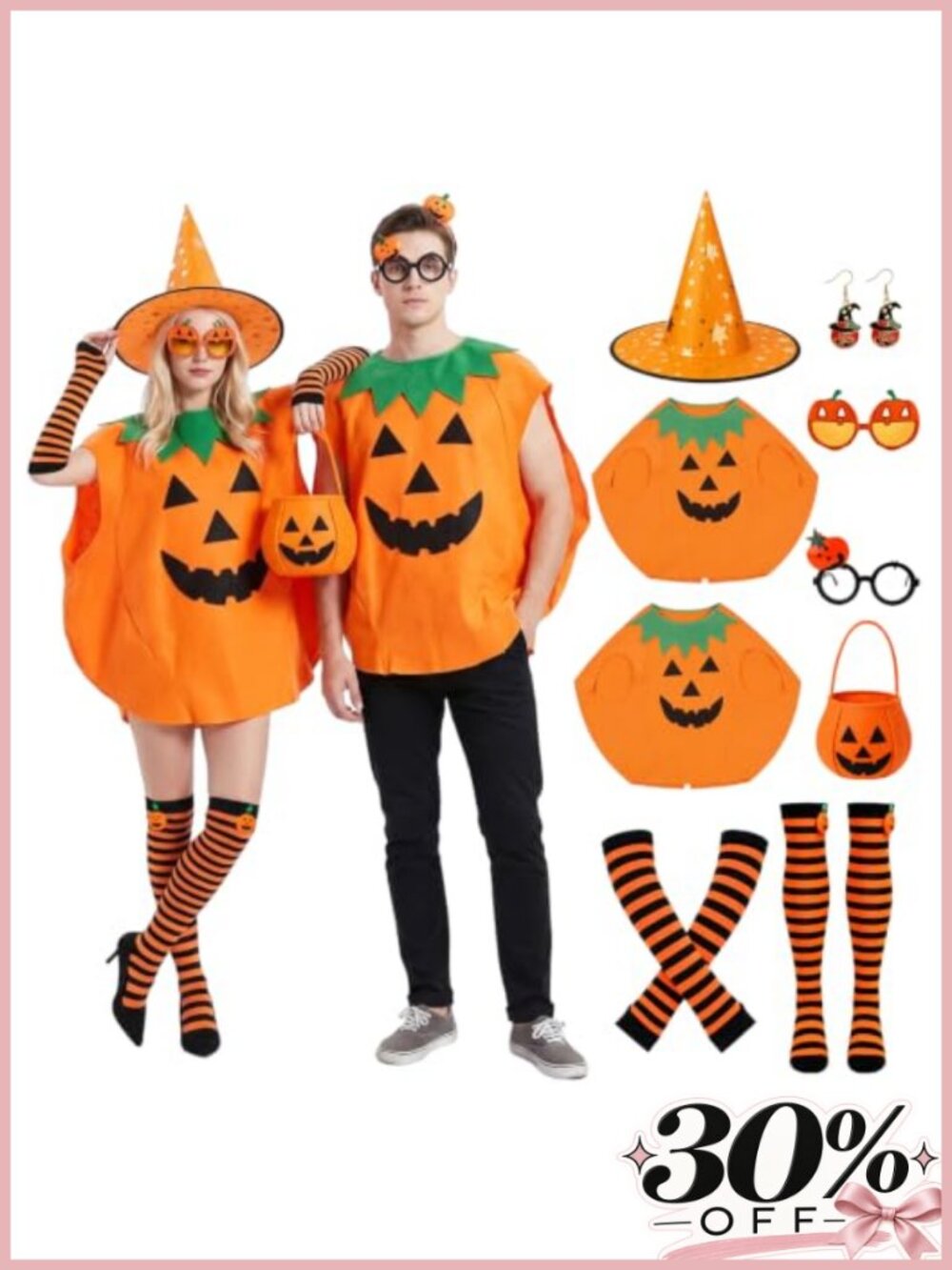 9 Pc Adult Pumpkin Poncho Costume Set for Couples Halloween Party